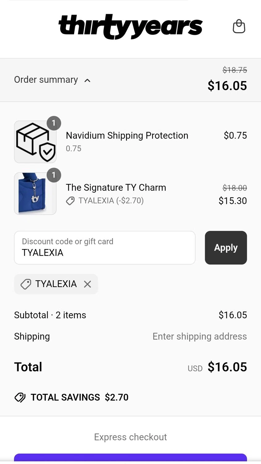 Thirty Years discount code screenshot showing code TYALEXIA applied at Thirty Years checkout page. Uploaded by SimplyCodes community member JuanMonge on May 22, 2025