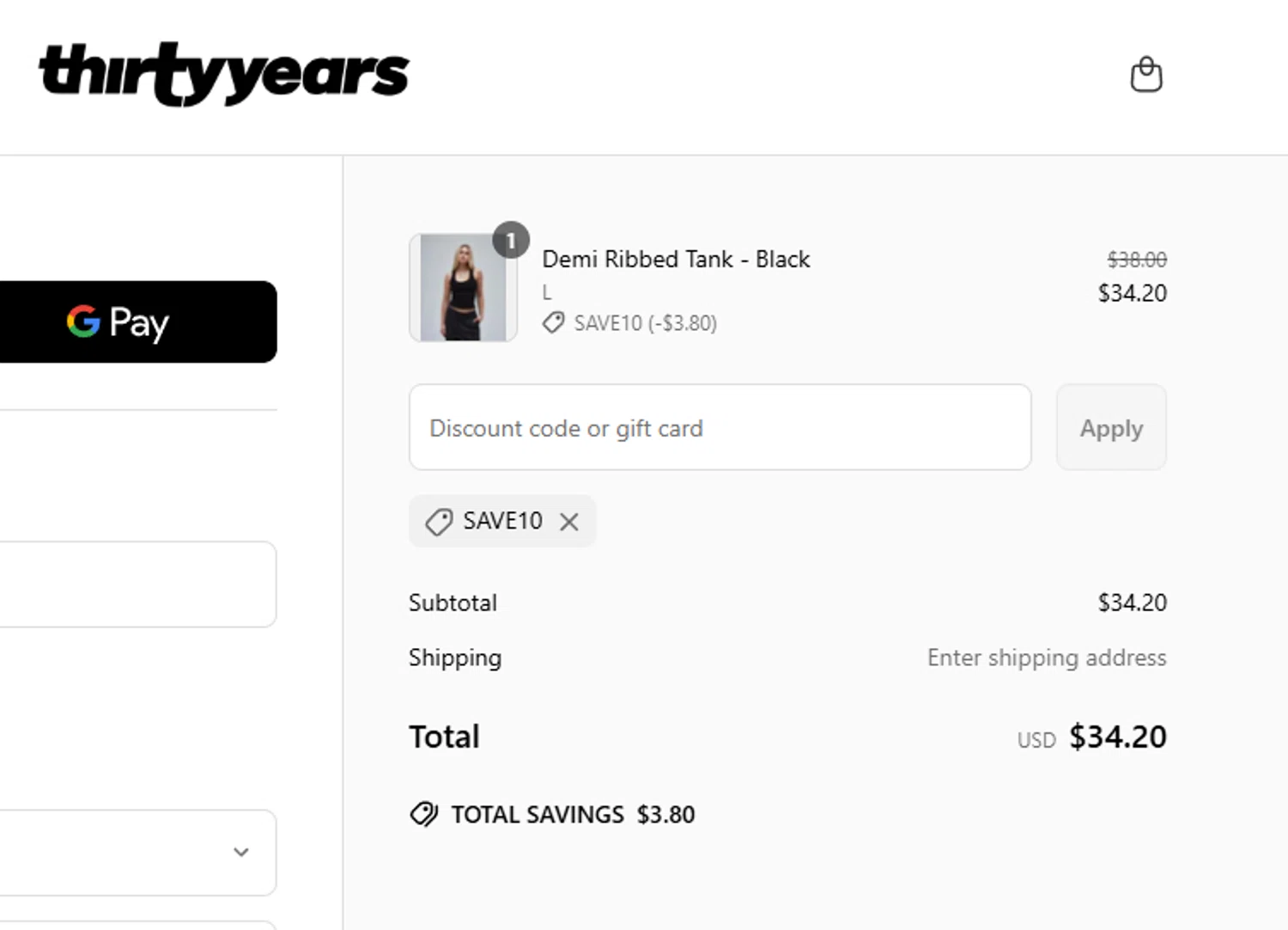 Thirty Years discount code screenshot showing code SAVE10 applied at Thirty Years checkout page. Uploaded by SimplyCodes community member salemigajera on May 10, 2025