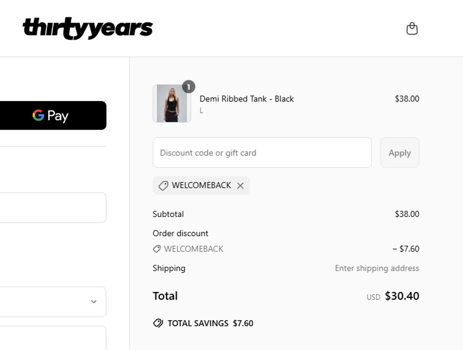 Thirty Years discount code screenshot showing code WELCOMEBACK applied at Thirty Years checkout page. Uploaded by SimplyCodes community member aumentadax10 on May 10, 2025