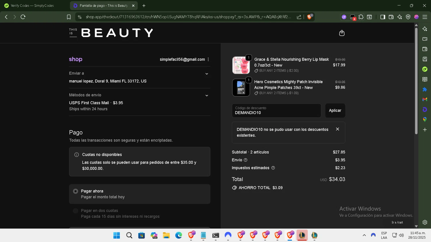 This is Beauty discount code screenshot showing code DEMANDIO10 applied at This is Beauty checkout page. Uploaded by SimplyCodes community member ArtPOPO on Nov 28, 2025