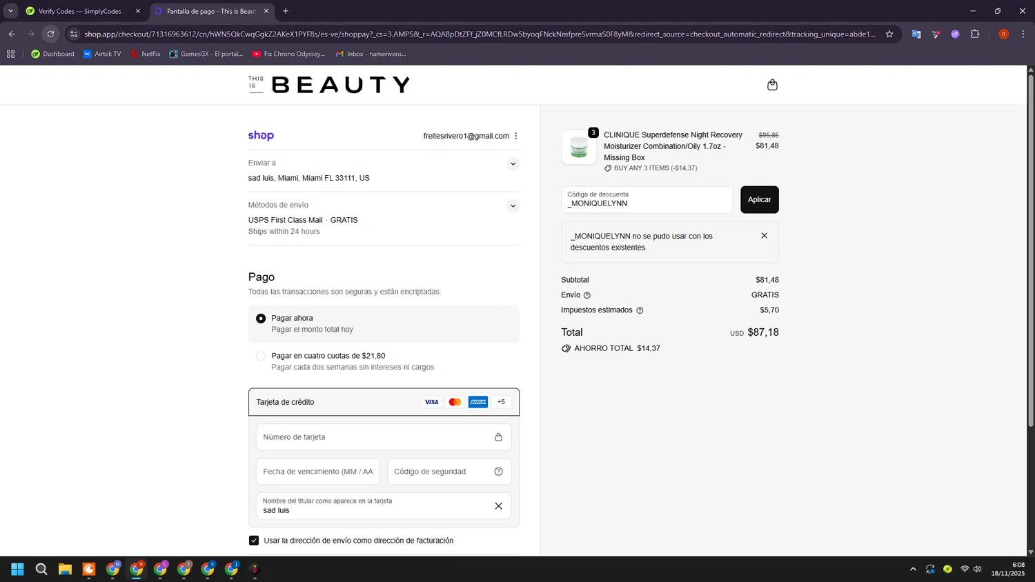 This is Beauty discount code screenshot showing code _MONIQUELYNN applied at This is Beauty checkout page. Uploaded by SimplyCodes community member BudgetShopper182 on Nov 18, 2025