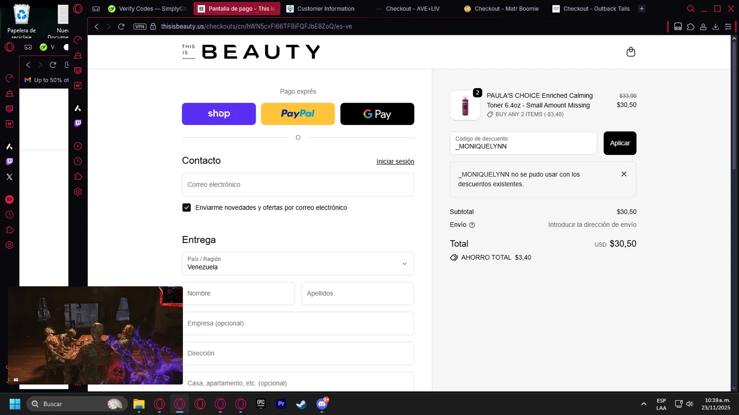 This is Beauty discount code screenshot showing code _MONIQUELYNN applied at This is Beauty checkout page. Uploaded by SimplyCodes community member leonardocamacho2 on Nov 23, 2025