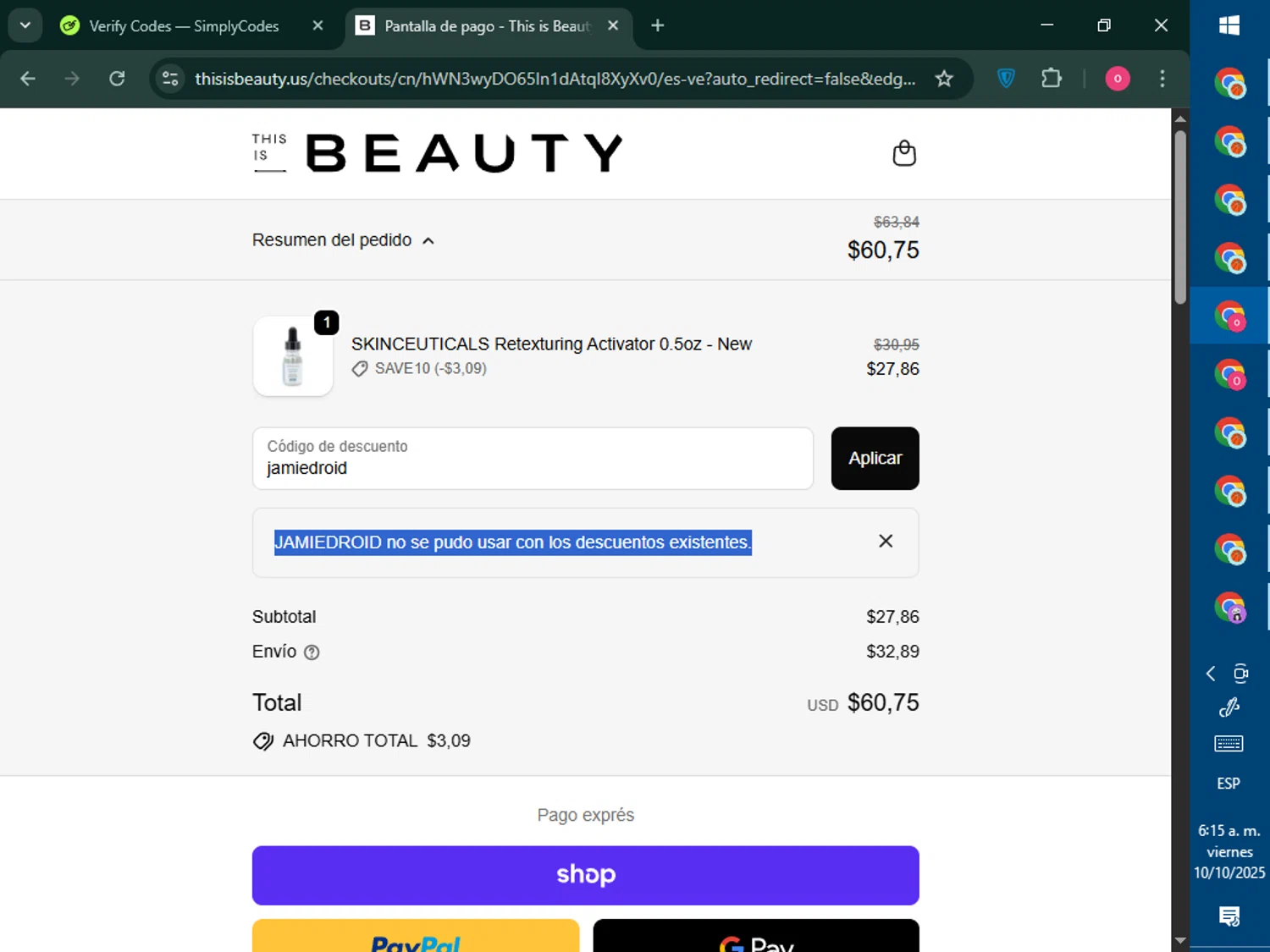 This is Beauty discount code screenshot showing code jamiedroid applied at This is Beauty checkout page. Uploaded by SimplyCodes community member RebateNavigator926 on Oct 10, 2025