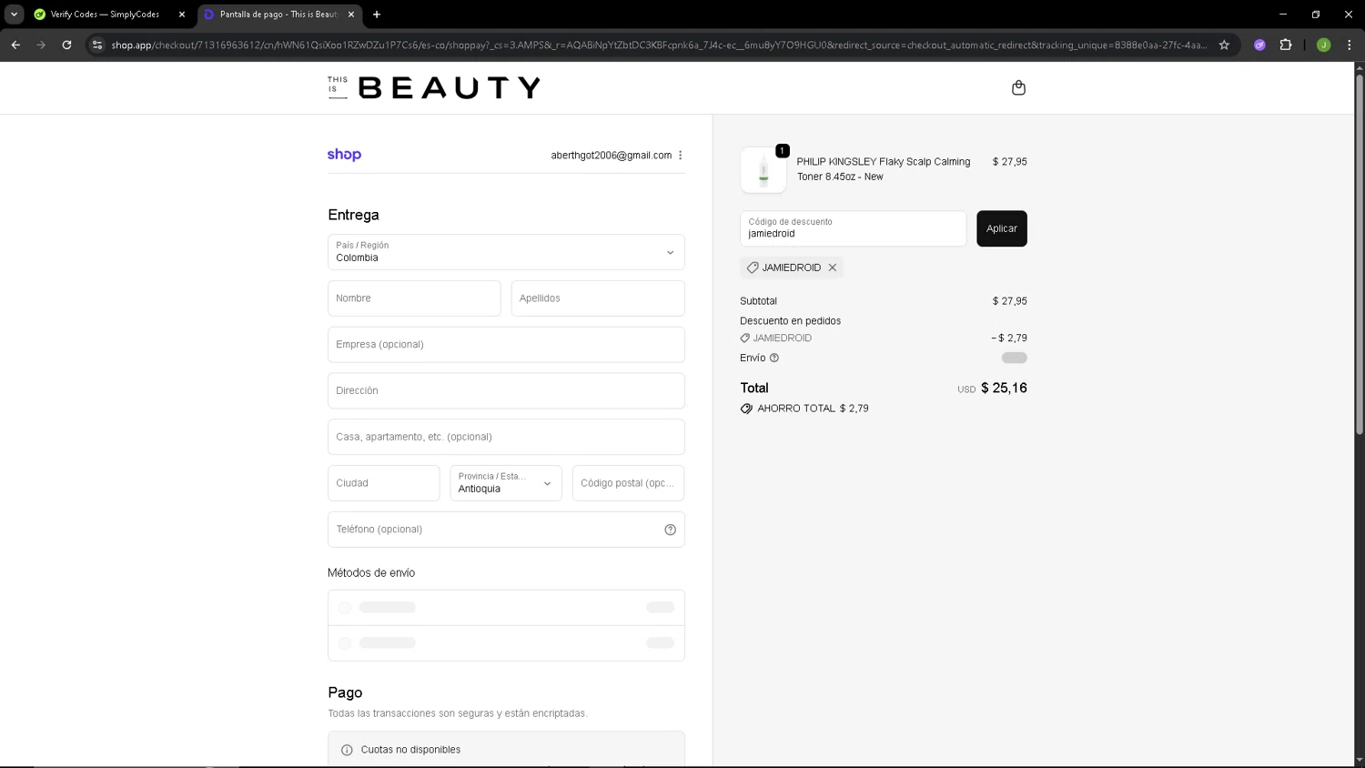 This is Beauty discount code screenshot showing code jamiedroid applied at This is Beauty checkout page. Uploaded by SimplyCodes community member SAIKOO on Dec 4, 2025