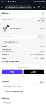SPRINGGLOW20 coupon verification screenshot
