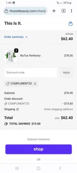 COMPLIMENT20 coupon verification screenshot