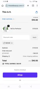 NOV40 coupon verification screenshot