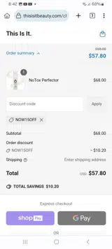 NOW15OFF coupon verification screenshot