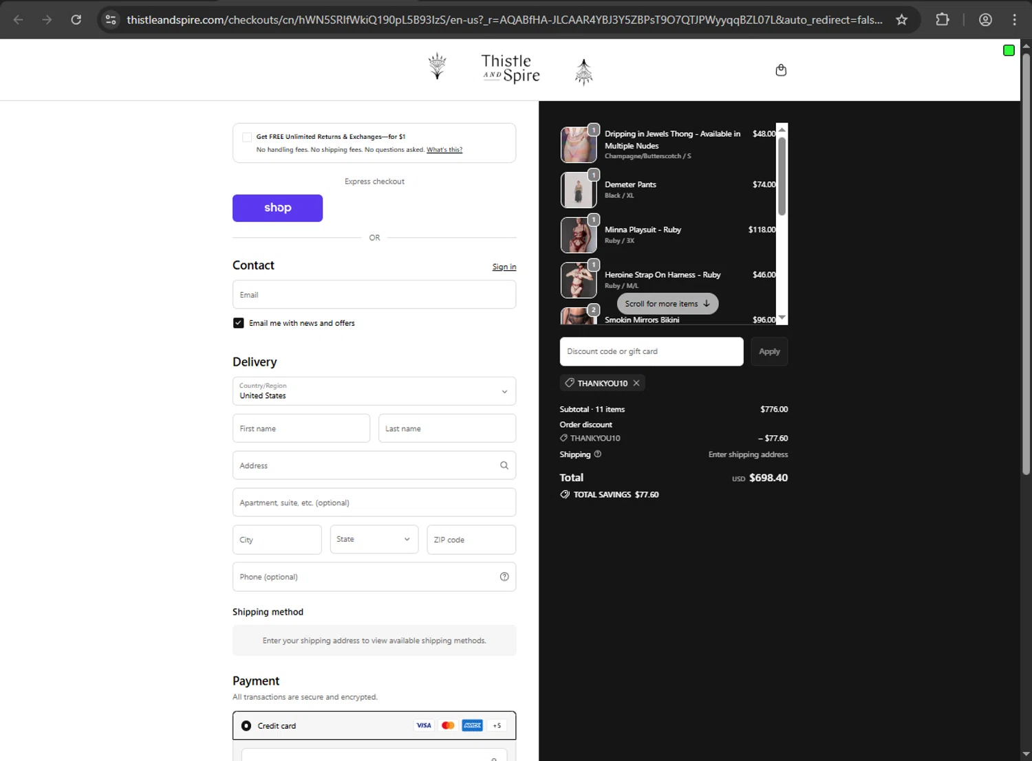 Thistle & Spire promo code screenshot showing code THANKYOU10 applied at Thistle & Spire checkout page. Uploaded by SimplyCodes community member ValiantFox2134 on Nov 19, 2025