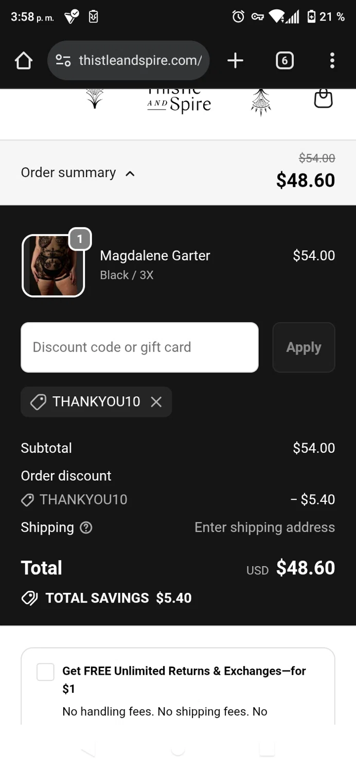 Thistle & Spire promo code screenshot showing code THANKYOU10 applied at Thistle & Spire checkout page. Uploaded by SimplyCodes community member carmenamandabritoser on Oct 2, 2025