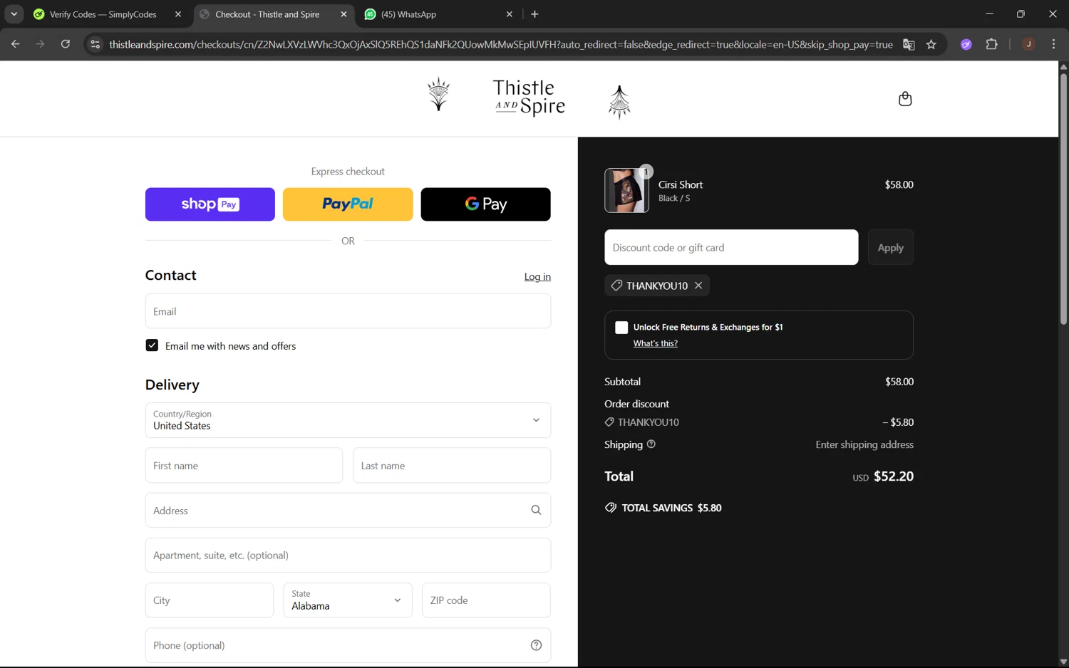 Thistle & Spire promo code screenshot showing code THANKYOU10 applied at Thistle & Spire checkout page. Uploaded by SimplyCodes community member juanx1702 on May 2, 2025