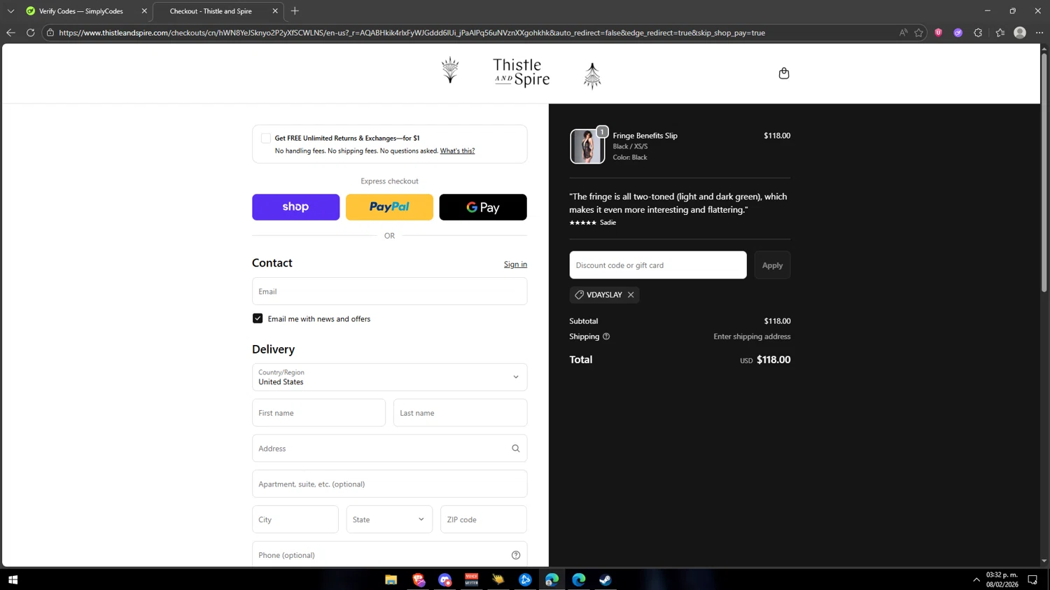 Thistle & Spire checkout page showing Thistle & Spire promo code box | Screenshot taken by SimplyCodes community member on Feb 8, 2026