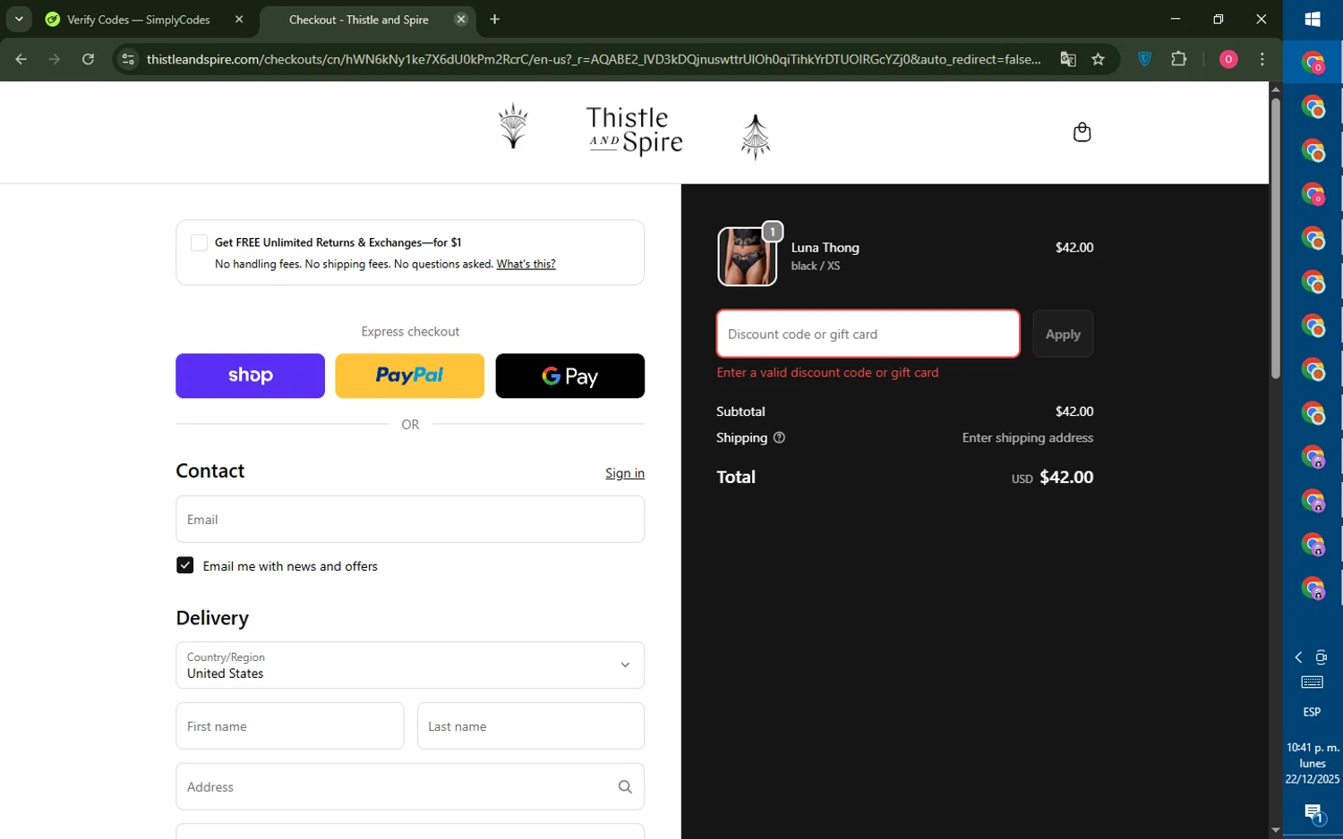 Thistle & Spire promo code screenshot showing code 2DAYSLEIGH applied at Thistle & Spire checkout page. Uploaded by SimplyCodes community member LegendaryRanger6350 on Dec 23, 2025