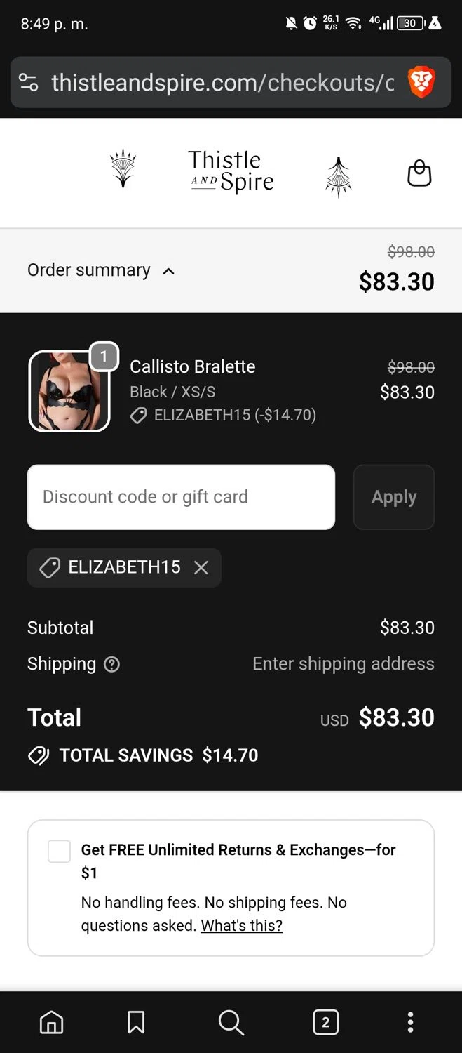 Thistle & Spire promo code screenshot showing code ELIZABETH15 applied at Thistle & Spire checkout page. Uploaded by SimplyCodes community member usermariee on Dec 23, 2025