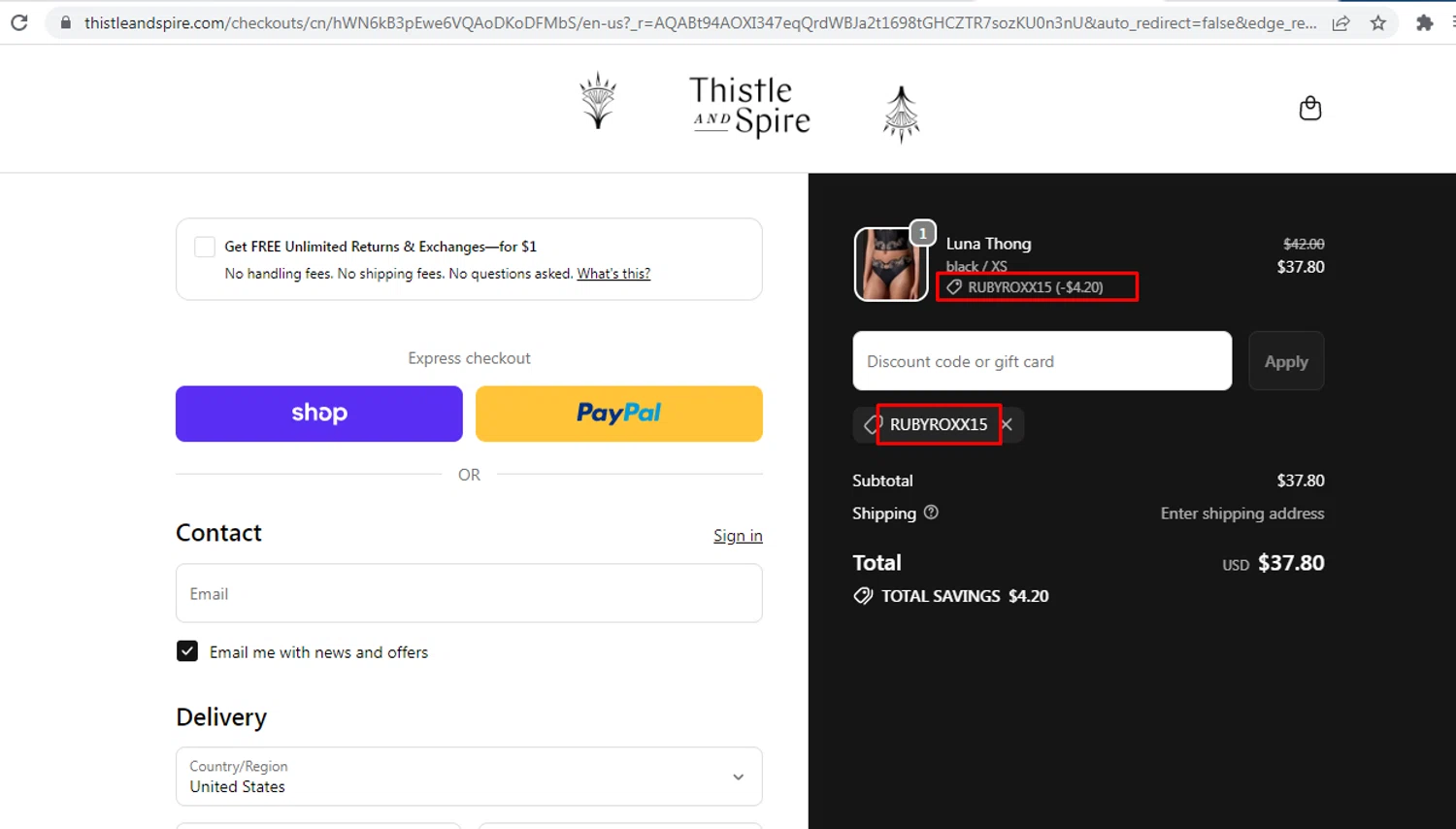 Thistle & Spire promo code screenshot showing code RUBYROXX15 applied at Thistle & Spire checkout page. Uploaded by SimplyCodes community member nileskamarcano on Dec 23, 2025