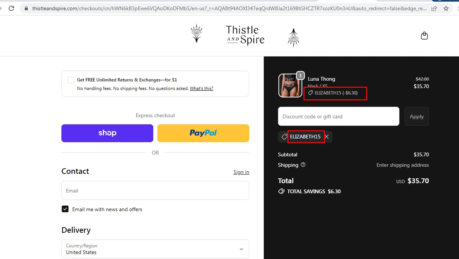 Thistle & Spire promo code screenshot showing code ELIZABETH15 applied at Thistle & Spire checkout page. Uploaded by SimplyCodes community member nileskamarcano on Dec 23, 2025