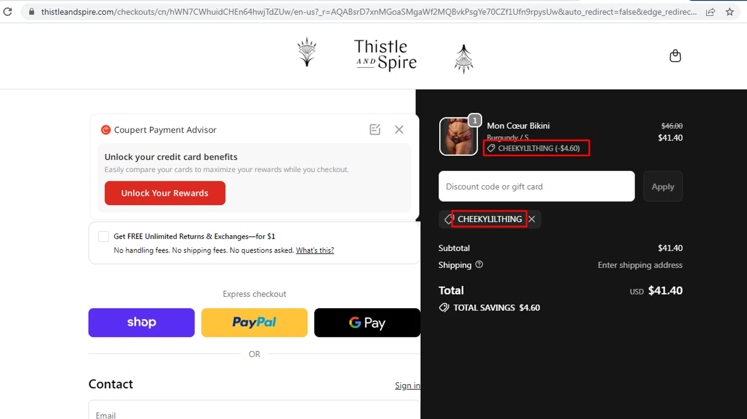 Thistle & Spire promo code screenshot showing code CHEEKYLILTHING applied at Thistle & Spire checkout page. Uploaded by SimplyCodes community member nileskamarcano on Jan 4, 2026