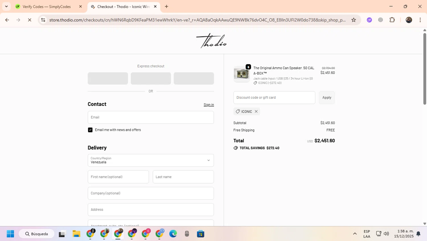 Thodio discount code screenshot showing code ICONIC applied at Thodio checkout page. Uploaded by SimplyCodes community member CoinScout855 on Dec 15, 2025