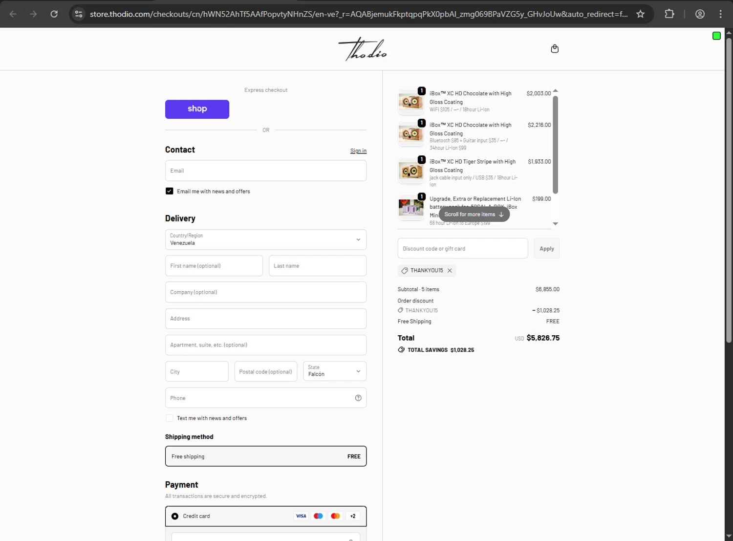 Thodio discount code screenshot showing code THANKYOU15 applied at Thodio checkout page. Uploaded by SimplyCodes community member Aljondris97 on Nov 7, 2025