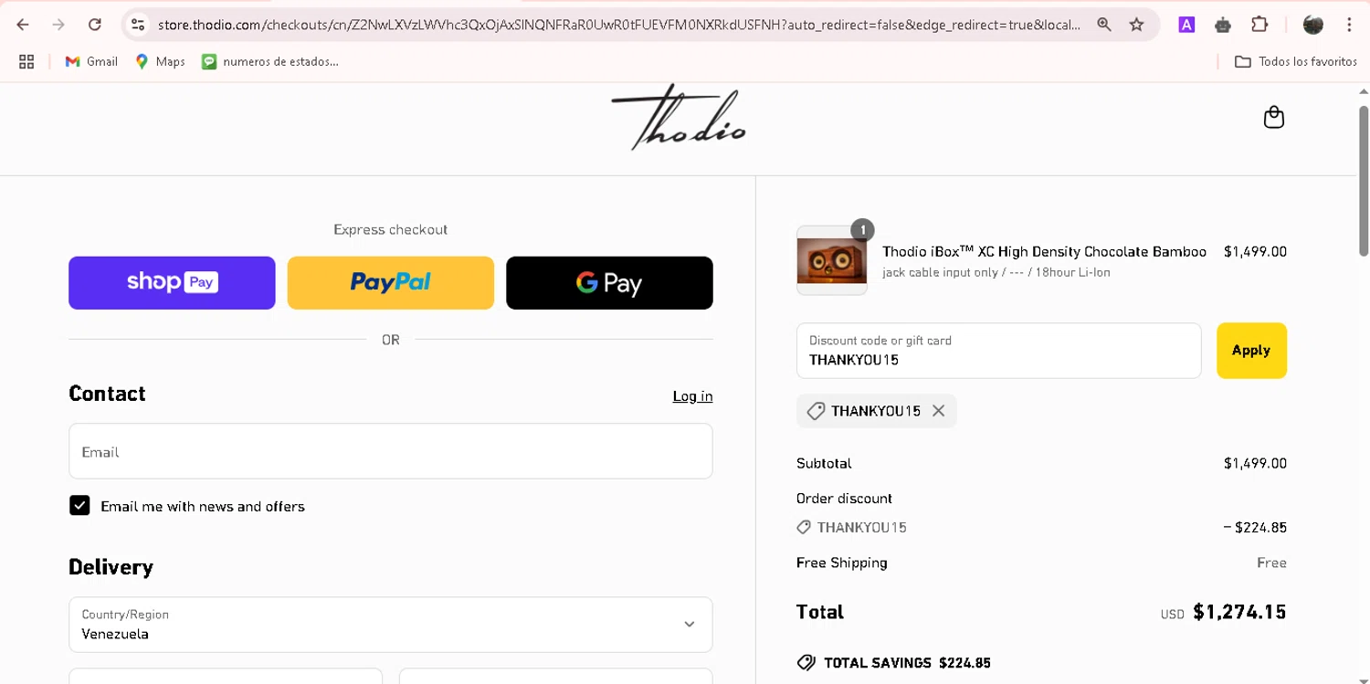 Thodio discount code screenshot showing code THANKYOU15 applied at Thodio checkout page. Uploaded by SimplyCodes community member adrianvasquez1 on Apr 25, 2025
