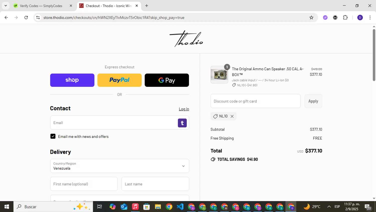 Thodio discount code screenshot showing code nl10 applied at Thodio checkout page. Uploaded by SimplyCodes community member PrimeNavigator3251 on Sep 3, 2025