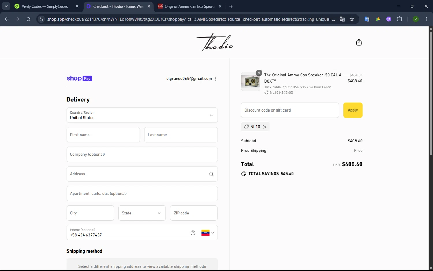 Thodio discount code screenshot showing code nl10 applied at Thodio checkout page. Uploaded by SimplyCodes community member WonderWarden4709 on Jul 30, 2025