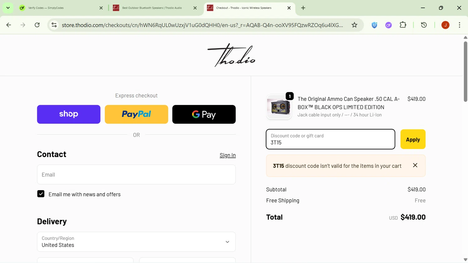 Thodio discount code screenshot showing code 3T15 applied at Thodio checkout page. Uploaded by SimplyCodes community member JoseT_ on Dec 15, 2025