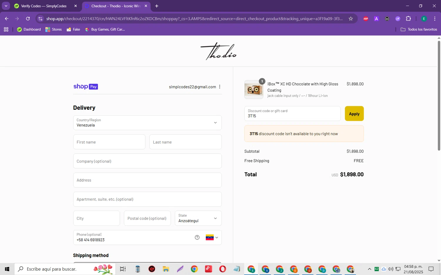 Thodio discount code screenshot showing code 3T15 applied at Thodio checkout page. Uploaded by SimplyCodes community member RebateScholar429 on Aug 21, 2025