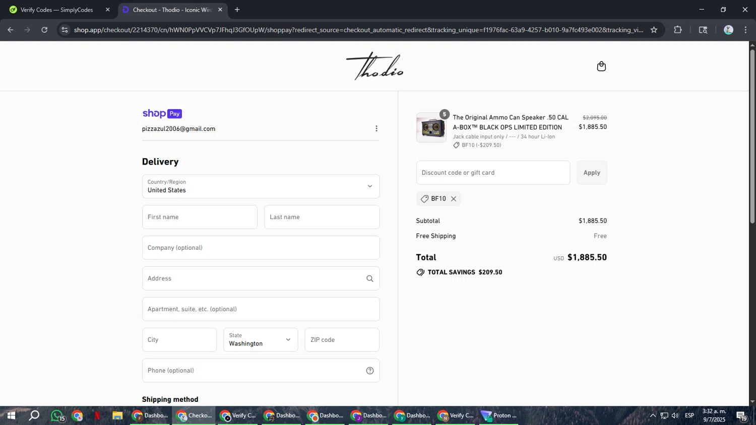 Thodio discount code screenshot showing code BF10 applied at Thodio checkout page. Uploaded by SimplyCodes community member ShrewdSeeker6165 on Jul 9, 2025