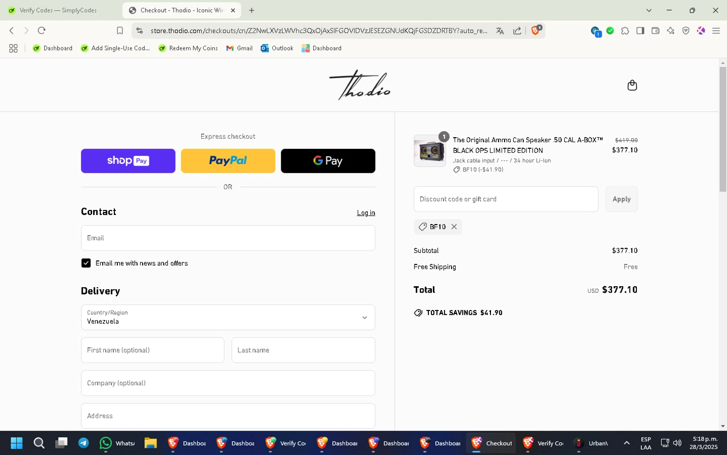 Thodio discount code screenshot showing code BF10 applied at Thodio checkout page. Uploaded by SimplyCodes community member CleverKnight6759 on Mar 28, 2025