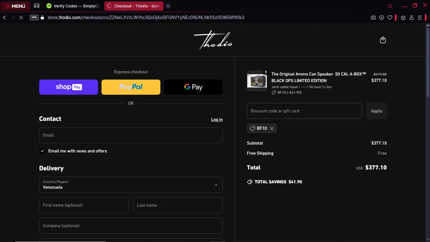 Thodio discount code screenshot showing code BF10 applied at Thodio checkout page. Uploaded by SimplyCodes community member GoldPro6514 on Mar 28, 2025