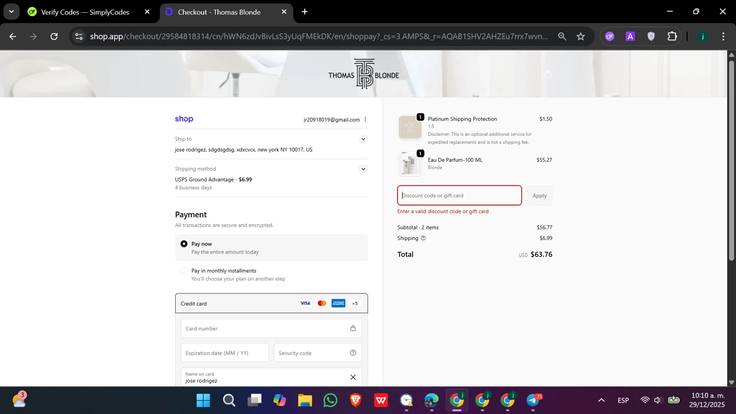 Thomas Blonde discount code screenshot showing code SBDORMAN91 applied at Thomas Blonde checkout page. Uploaded by SimplyCodes community member hanzell03 on Dec 29, 2025