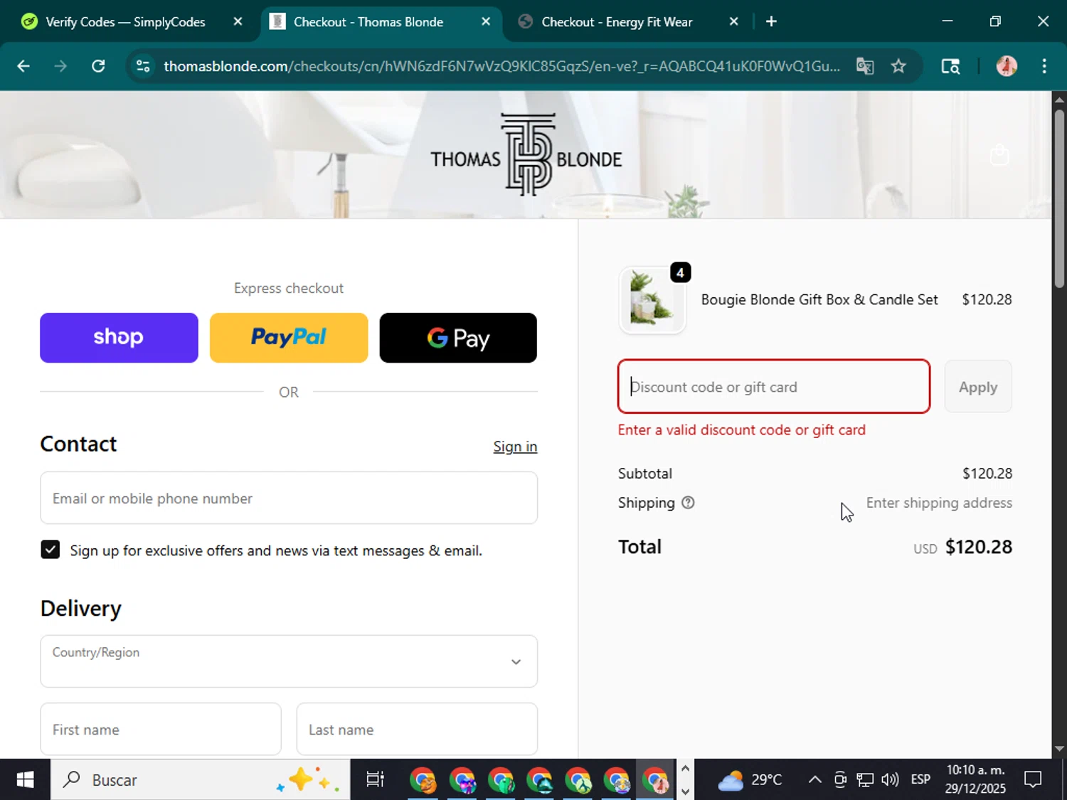 Thomas Blonde discount code screenshot showing code SBDORMAN91 applied at Thomas Blonde checkout page. Uploaded by SimplyCodes community member jenifer on Dec 29, 2025