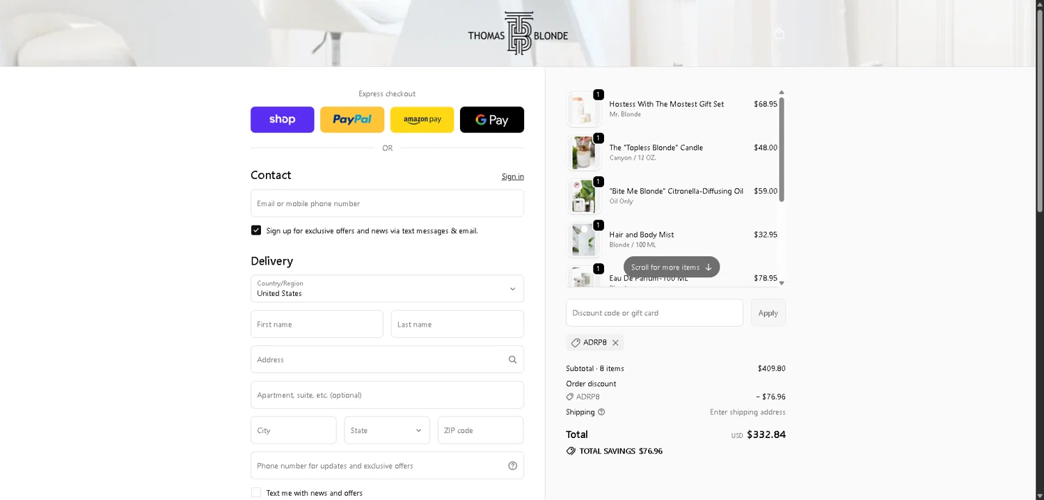 Thomas Blonde checkout page showing Thomas Blonde discount code box | Screenshot taken by SimplyCodes community member on Feb 7, 2026