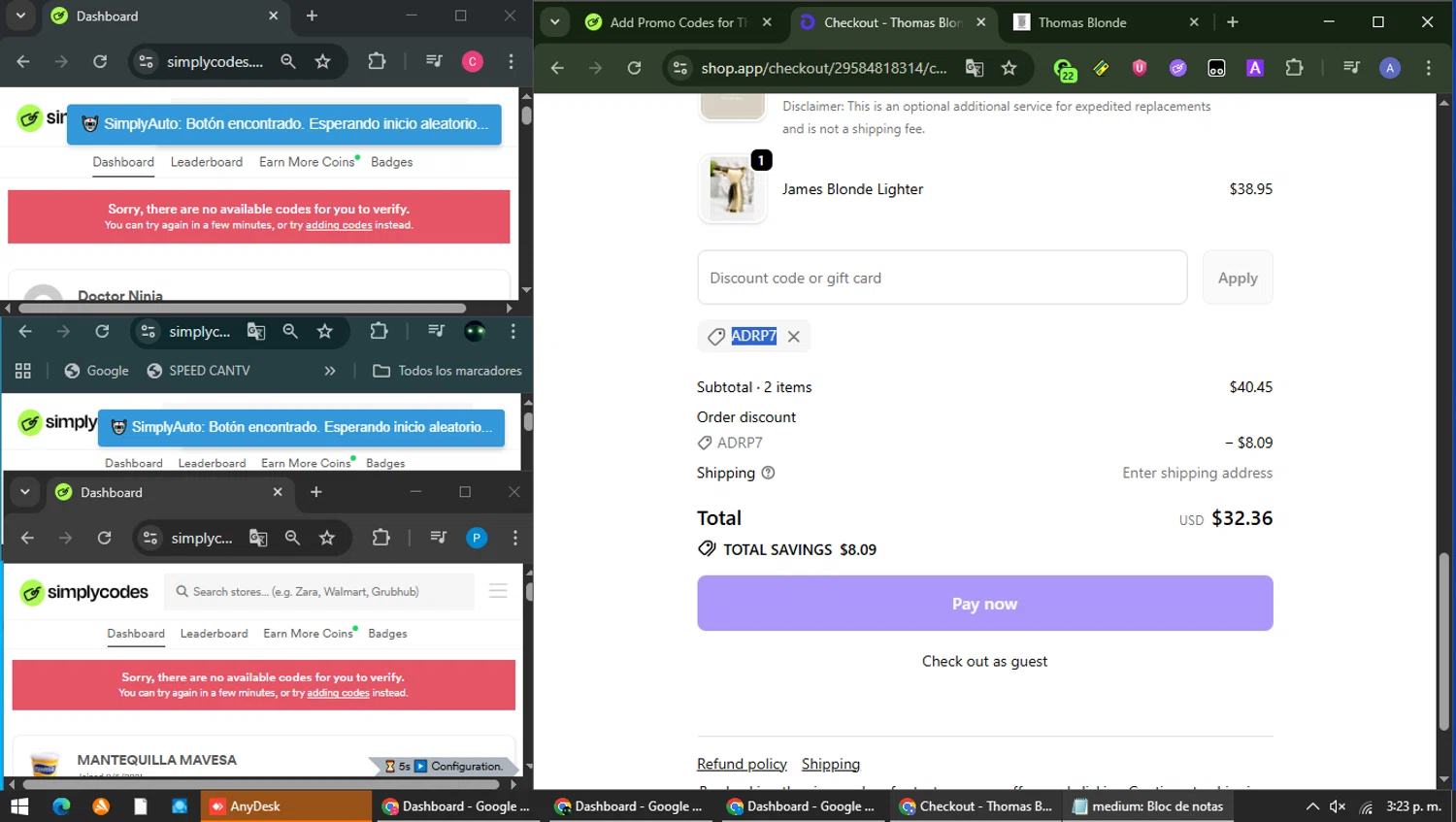 Thomas Blonde discount code screenshot showing code ADRP7 applied at Thomas Blonde checkout page. Uploaded by SimplyCodes community member Carolina23 on Feb 7, 2026