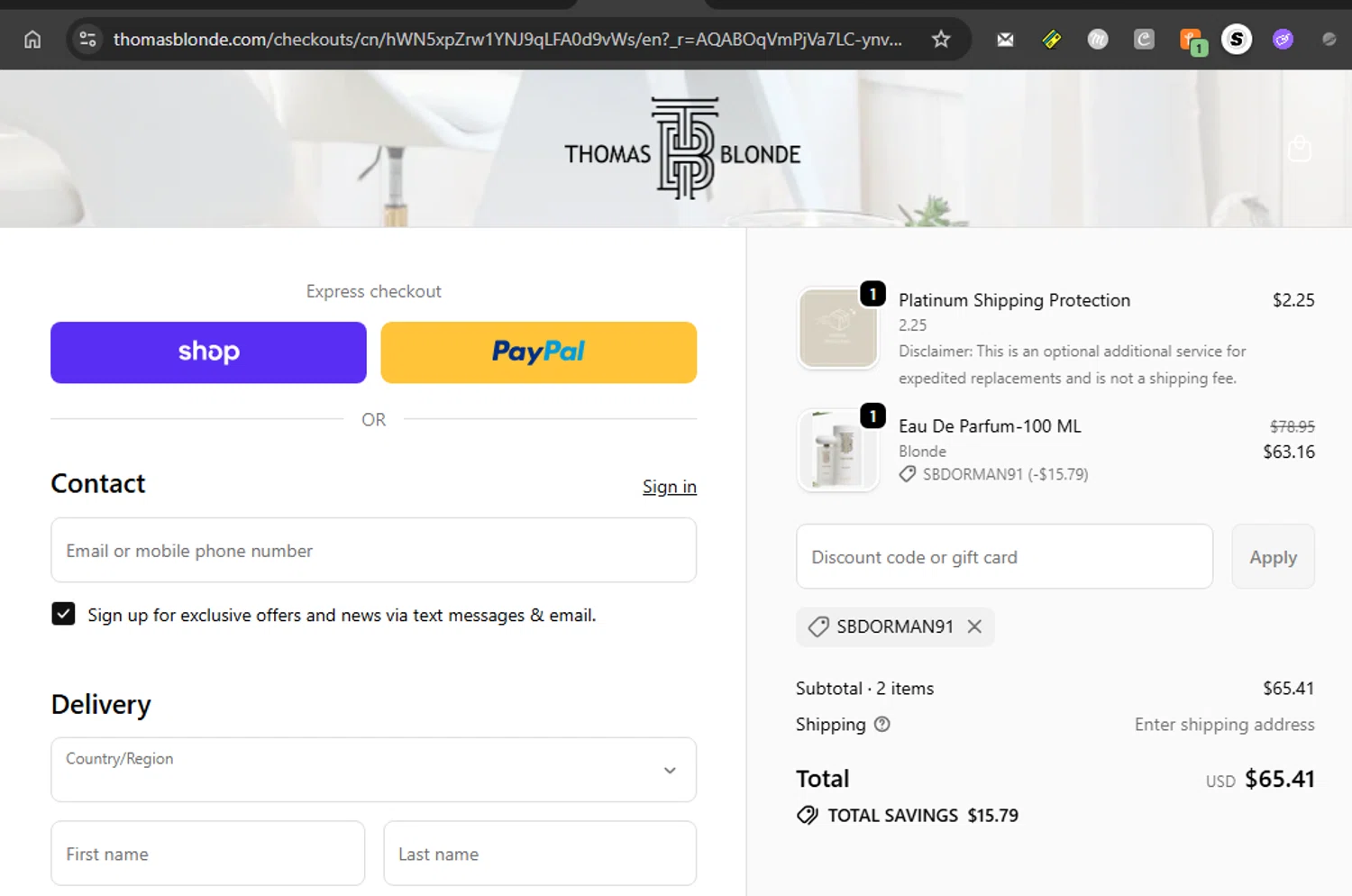 Thomas Blonde discount code screenshot showing code SBDORMAN91 applied at Thomas Blonde checkout page. Uploaded by SimplyCodes community member couponcheck02 on Dec 2, 2025