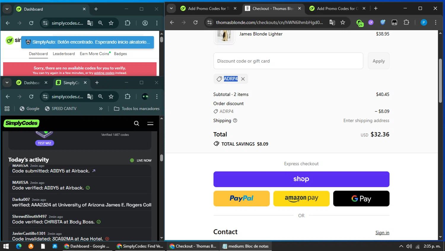 Thomas Blonde discount code screenshot showing code ADRP4 applied at Thomas Blonde checkout page. Uploaded by SimplyCodes community member MAVESA on Feb 1, 2026
