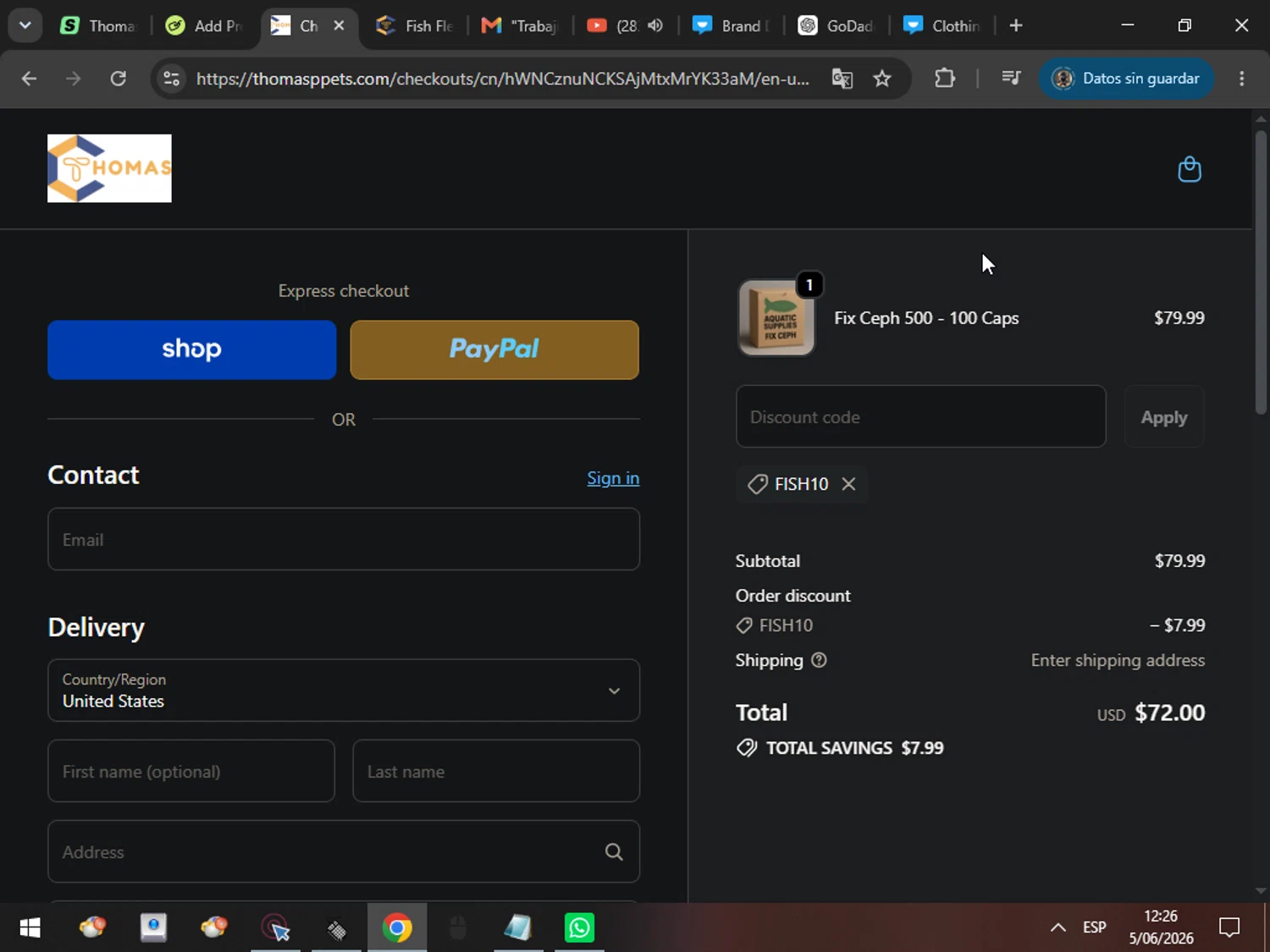 Thomas Labs promo code screenshot showing code FISH10 applied at Thomas Labs checkout page. Uploaded by SimplyCodes community member MarcosAranguren on Jun 5, 2026