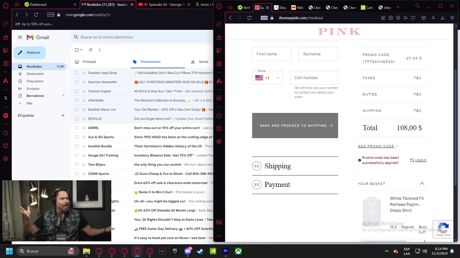 Thomas Pink checkout page showing Thomas Pink promo code box | Screenshot taken by SimplyCodes community member on Nov 5, 2024