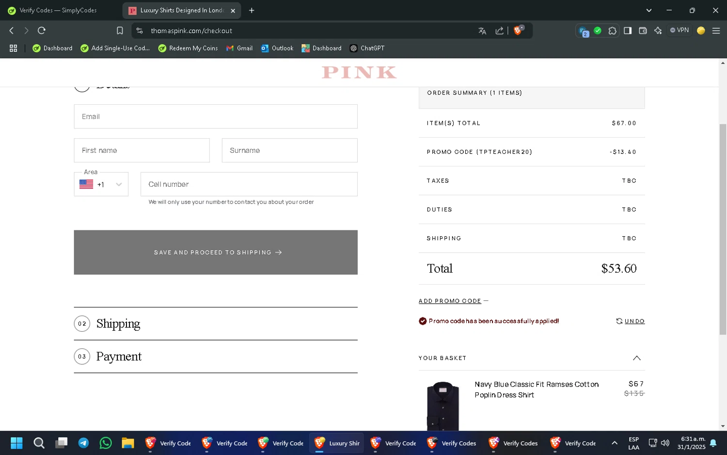 Thomas Pink checkout page showing Thomas Pink promo code box | Screenshot taken by SimplyCodes community member on Jan 31, 2025