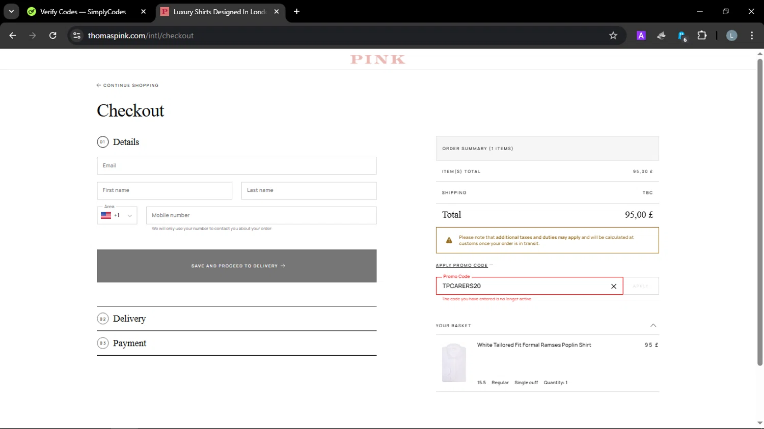 Thomas Pink promo code screenshot showing code TPCARERS20 applied at Thomas Pink checkout page. Uploaded by SimplyCodes community member JuanChi on Mar 17, 2025
