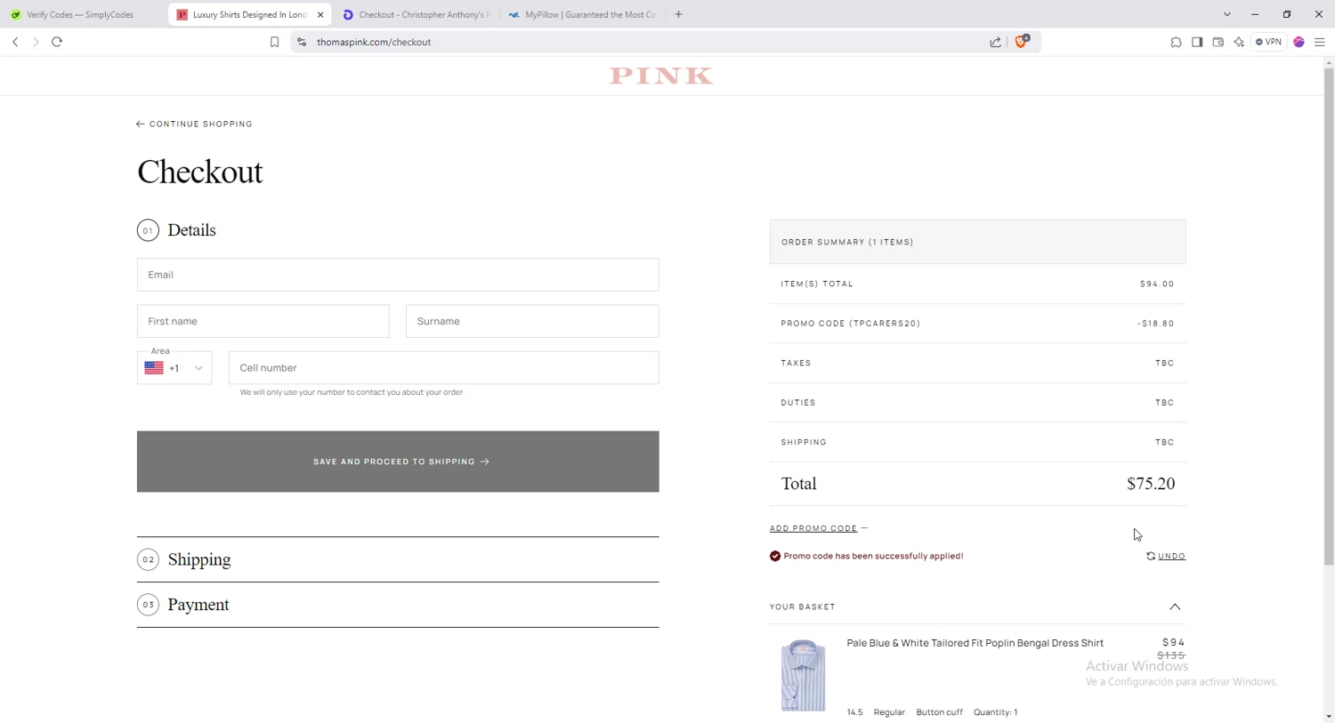 Thomas Pink checkout page showing Thomas Pink promo code box | Screenshot taken by SimplyCodes community member on Dec 20, 2024