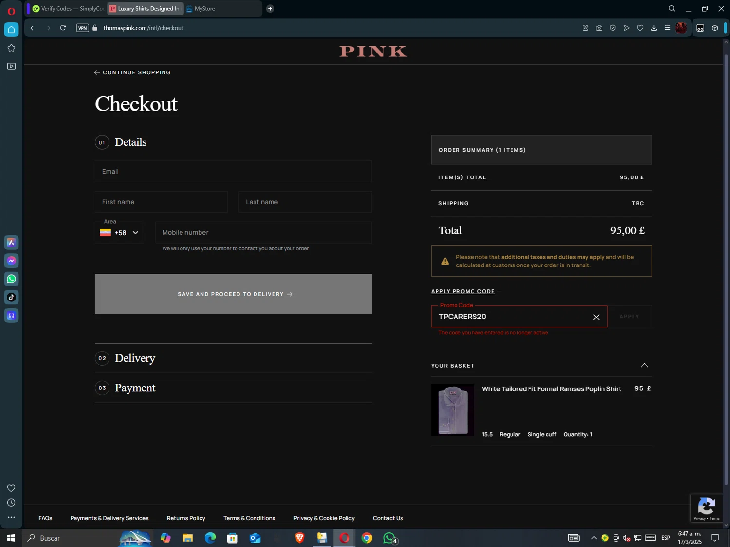 Thomas Pink promo code screenshot showing code TPCARERS20 applied at Thomas Pink checkout page. Uploaded by SimplyCodes community member hollowknight on Mar 17, 2025