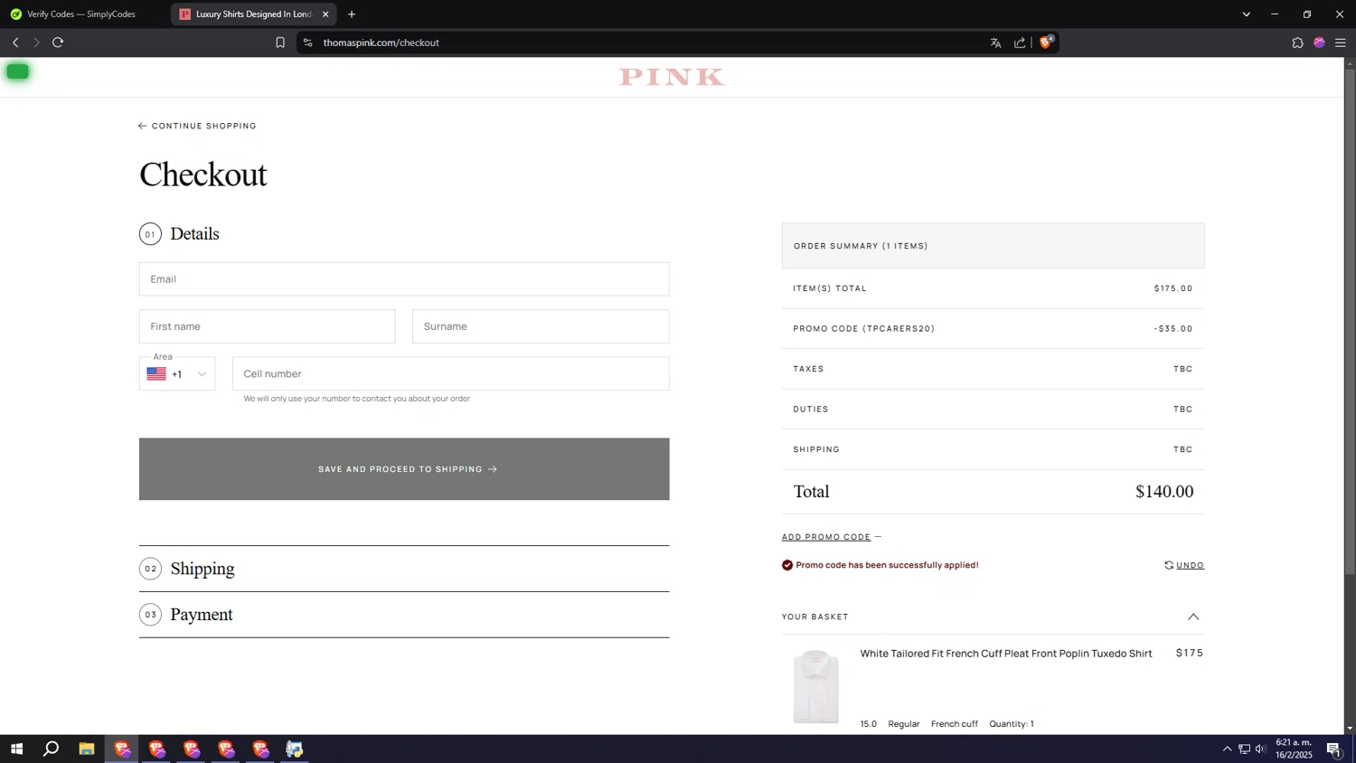 Thomas Pink checkout page showing Thomas Pink promo code box | Screenshot taken by SimplyCodes community member on Feb 16, 2025