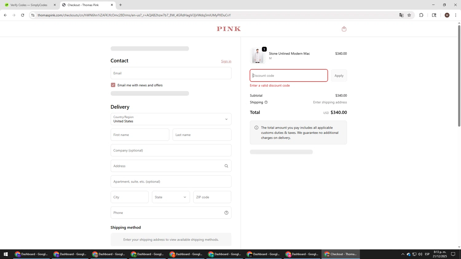 Thomas Pink promo code screenshot showing code TPVIP30 applied at Thomas Pink checkout page. Uploaded by SimplyCodes community member KTMCRF on Dec 22, 2025