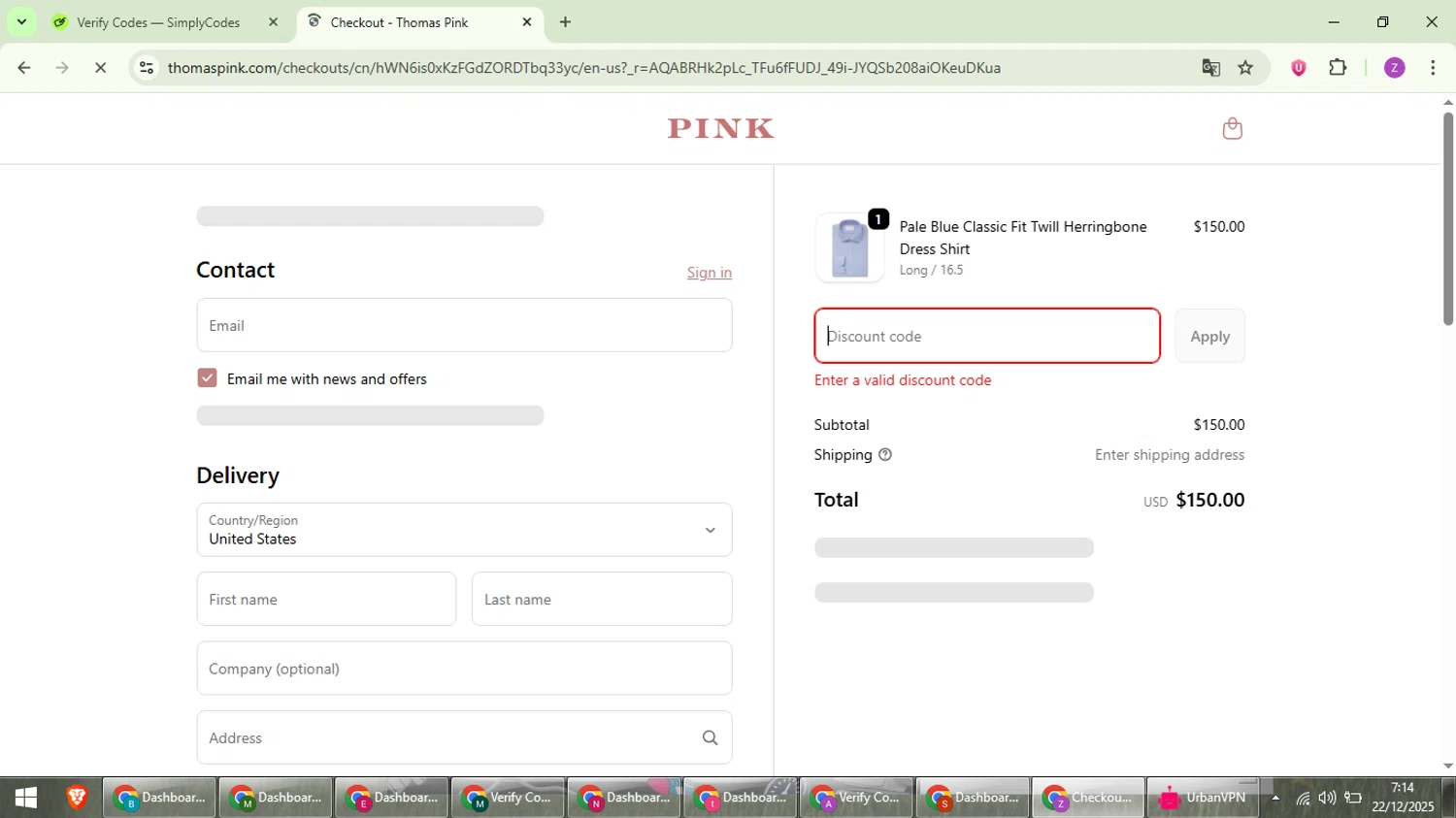 Thomas Pink promo code screenshot showing code 30%Off applied at Thomas Pink checkout page. Uploaded by SimplyCodes community member ValiantFinder3275 on Dec 22, 2025