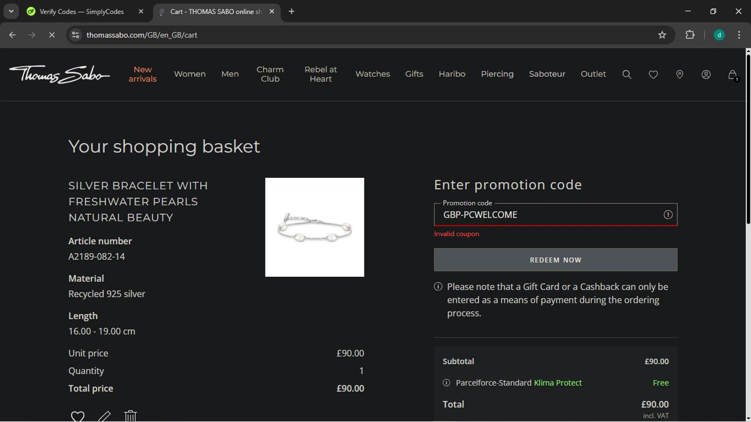 Thomas Sabo discount code screenshot showing code GBP-PCWELCOME applied at Thomas Sabo checkout page. Uploaded by SimplyCodes community member HEROESCUDA on Apr 13, 2025