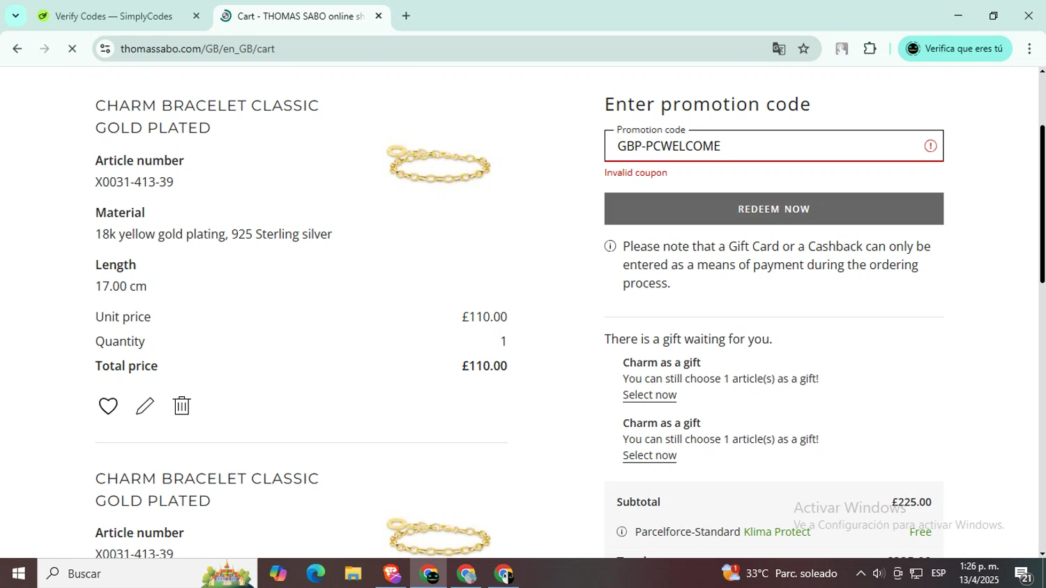 Thomas Sabo discount code screenshot showing code GBP-PCWELCOME applied at Thomas Sabo checkout page. Uploaded by SimplyCodes community member BargainWizard5755 on Apr 13, 2025