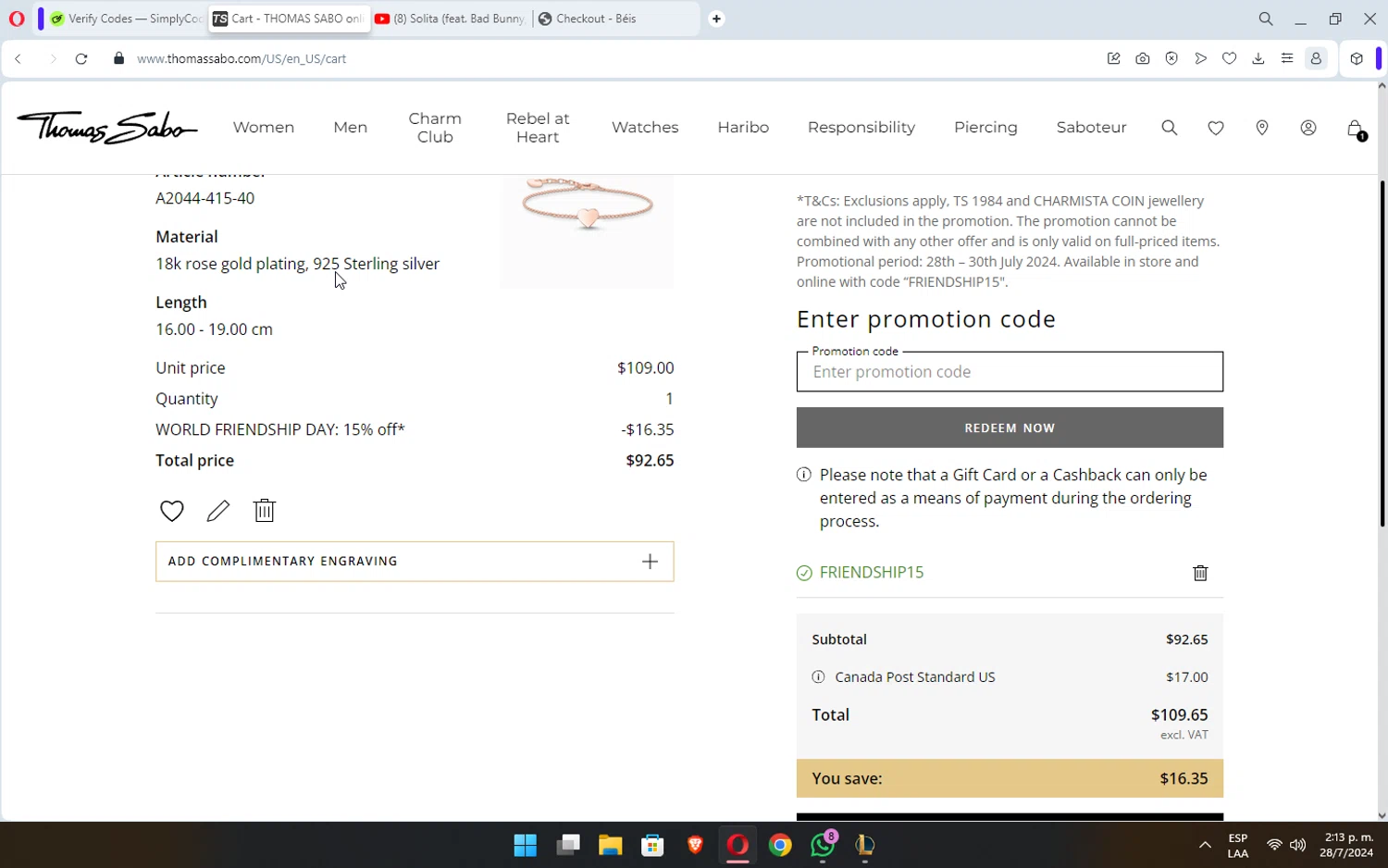 Thomas Sabo checkout page showing Thomas Sabo discount code box | Screenshot taken by SimplyCodes community member on Jul 28, 2024