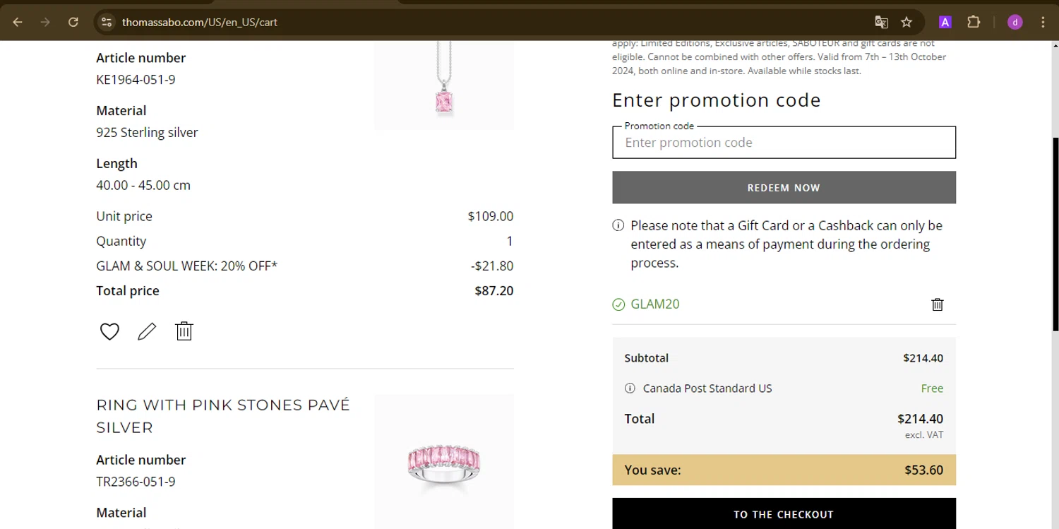 Thomas Sabo checkout page showing Thomas Sabo discount code box | Screenshot taken by SimplyCodes community member on Oct 7, 2024